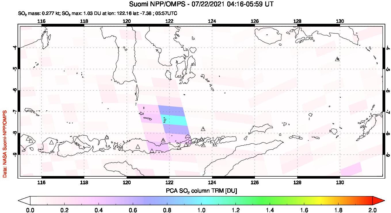 A sulfur dioxide image over Lesser Sunda Islands, Indonesia on Jul 22, 2021.
