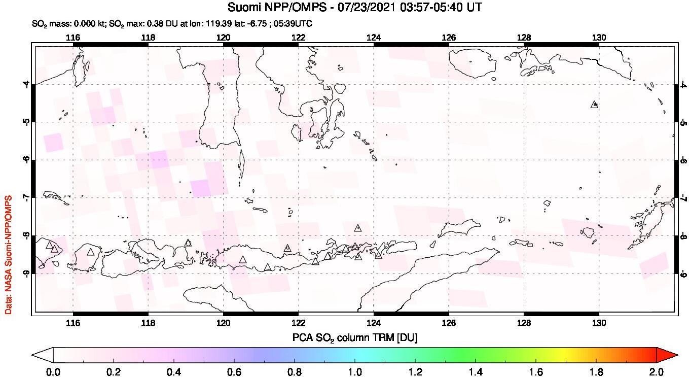 A sulfur dioxide image over Lesser Sunda Islands, Indonesia on Jul 23, 2021.