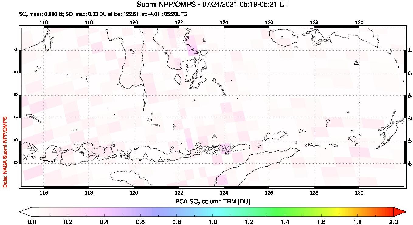A sulfur dioxide image over Lesser Sunda Islands, Indonesia on Jul 24, 2021.