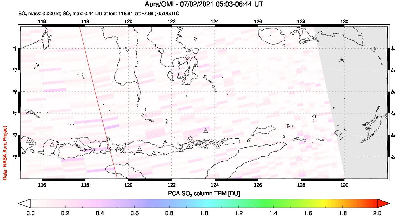 A sulfur dioxide image over Lesser Sunda Islands, Indonesia on Jul 02, 2021.