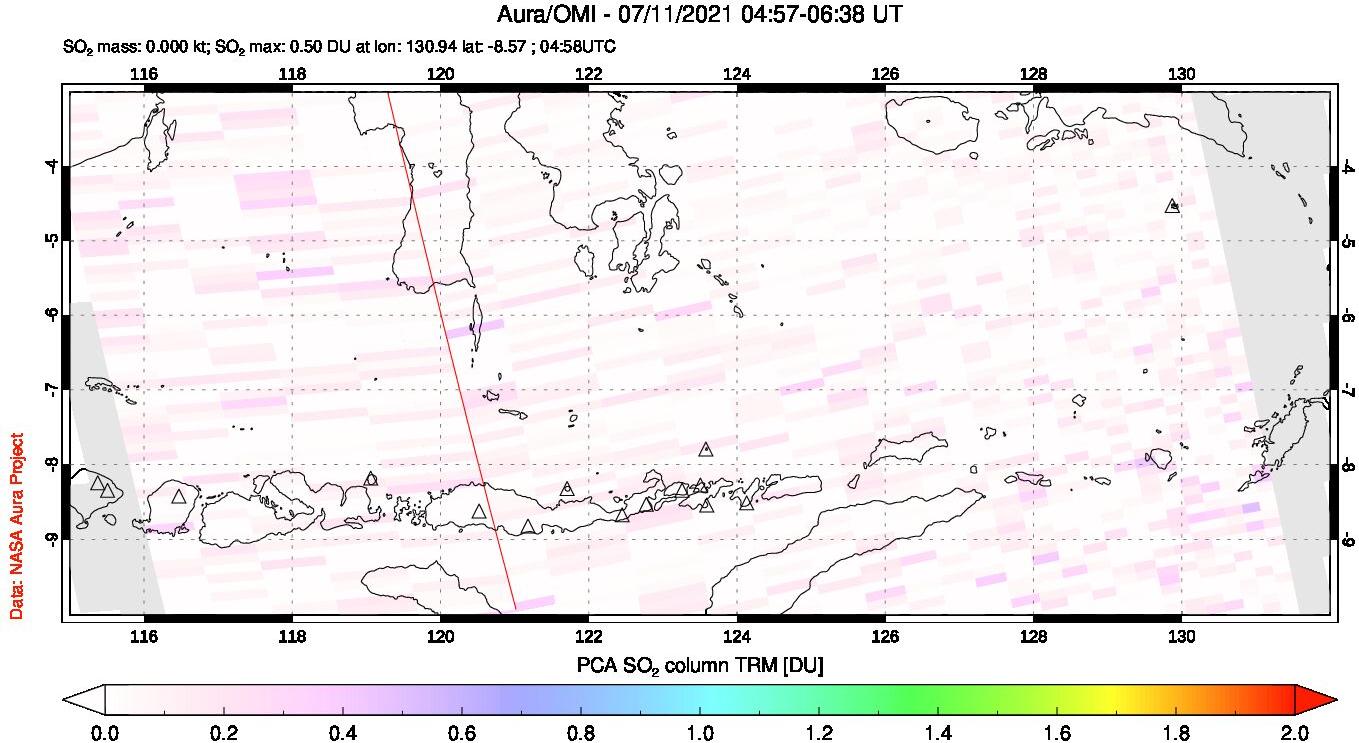 A sulfur dioxide image over Lesser Sunda Islands, Indonesia on Jul 11, 2021.