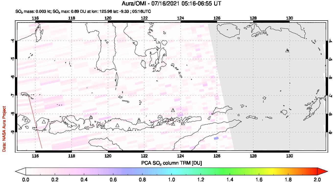 A sulfur dioxide image over Lesser Sunda Islands, Indonesia on Jul 16, 2021.