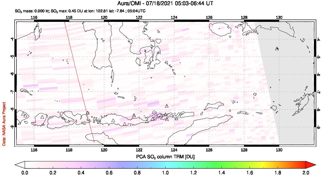A sulfur dioxide image over Lesser Sunda Islands, Indonesia on Jul 18, 2021.
