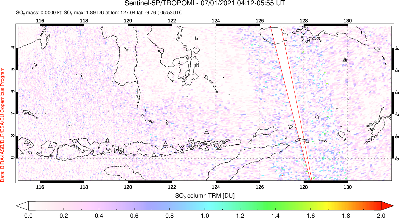 A sulfur dioxide image over Lesser Sunda Islands, Indonesia on Jul 01, 2021.