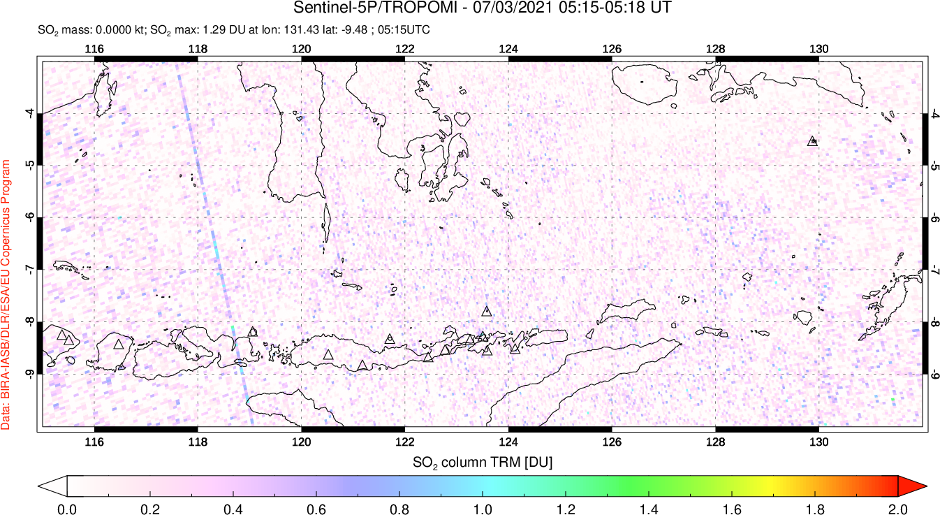 A sulfur dioxide image over Lesser Sunda Islands, Indonesia on Jul 03, 2021.