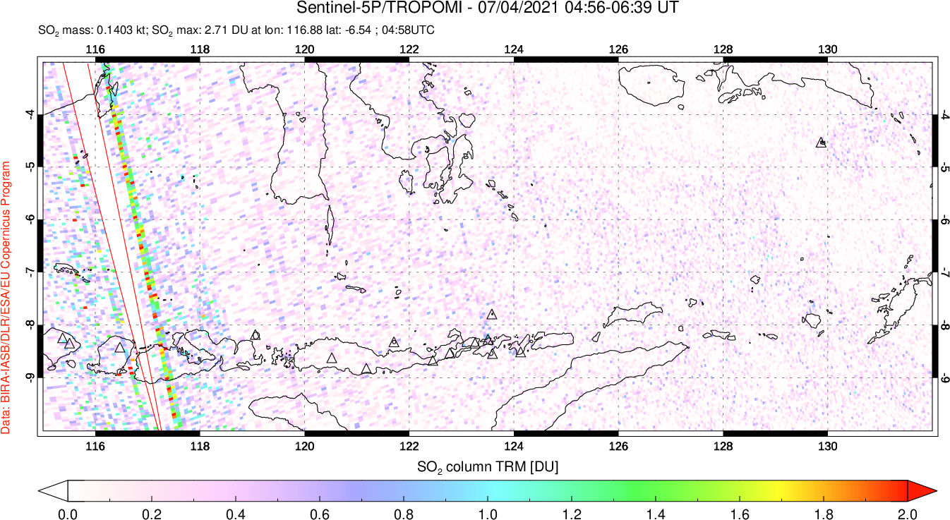 A sulfur dioxide image over Lesser Sunda Islands, Indonesia on Jul 04, 2021.