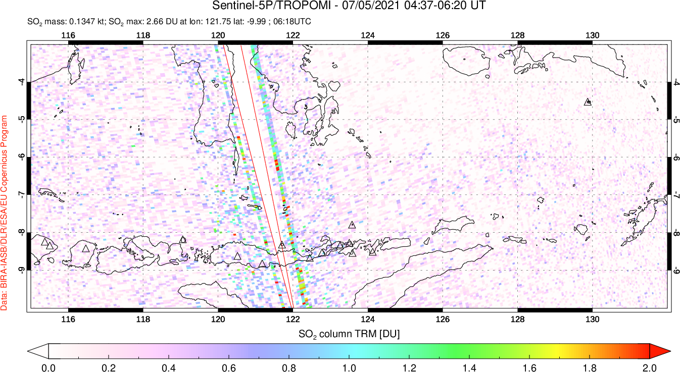A sulfur dioxide image over Lesser Sunda Islands, Indonesia on Jul 05, 2021.
