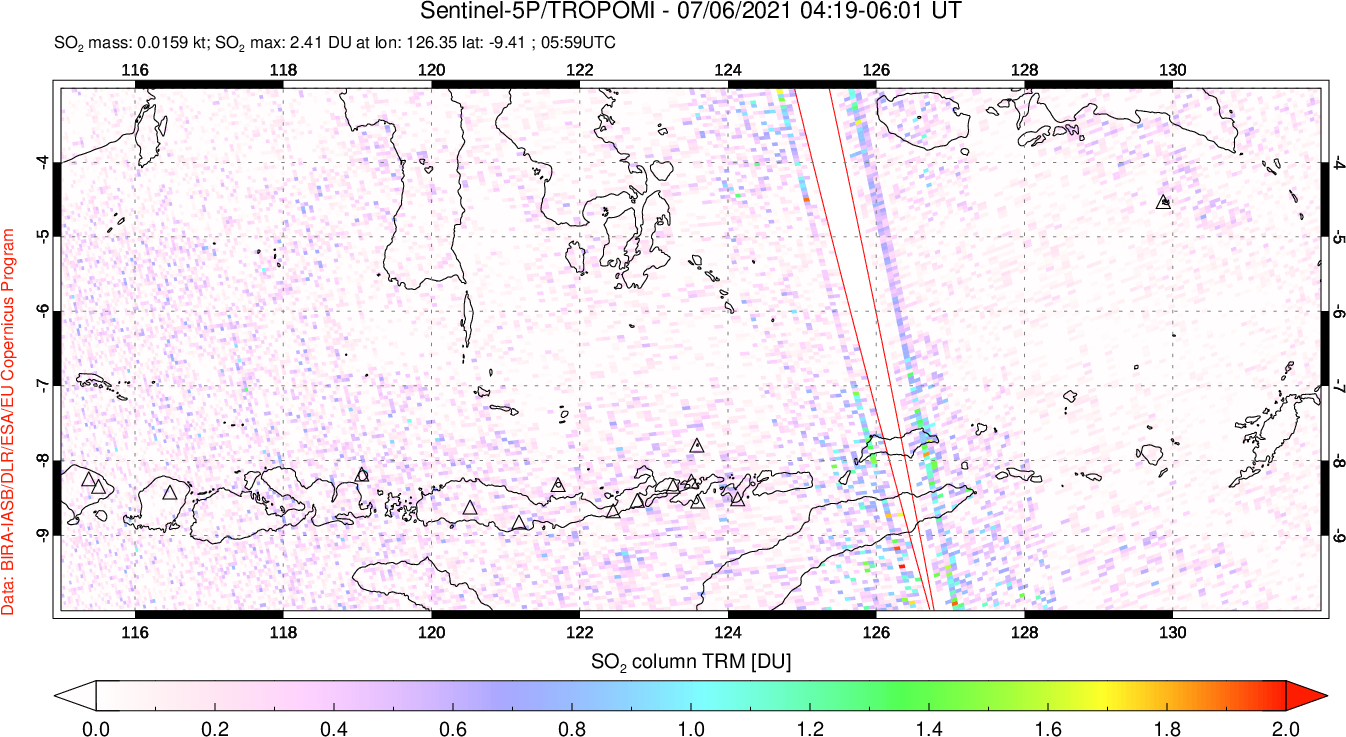 A sulfur dioxide image over Lesser Sunda Islands, Indonesia on Jul 06, 2021.