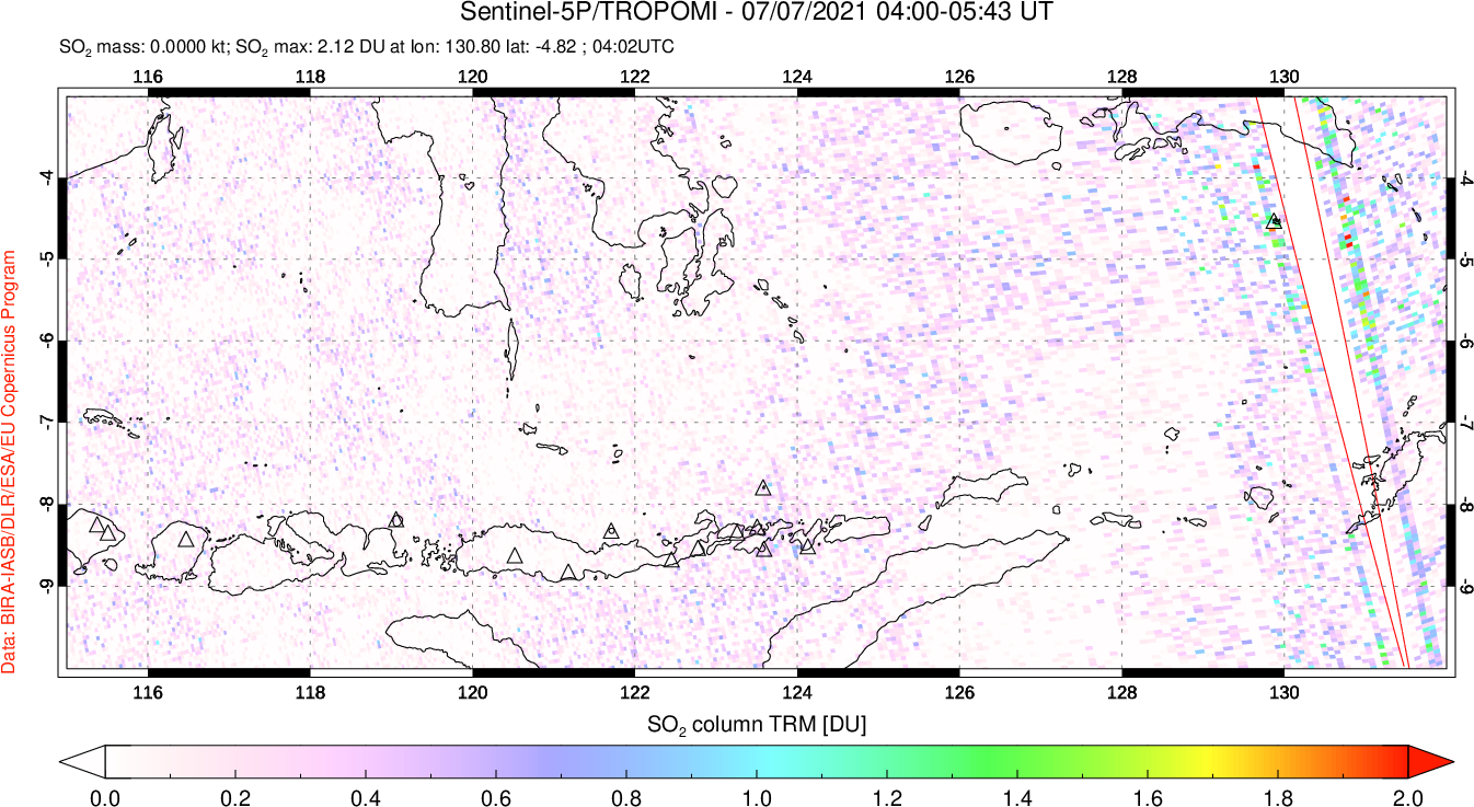 A sulfur dioxide image over Lesser Sunda Islands, Indonesia on Jul 07, 2021.