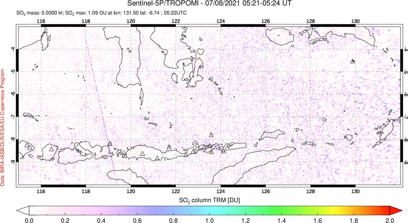 A sulfur dioxide image over Lesser Sunda Islands, Indonesia on Jul 08, 2021.