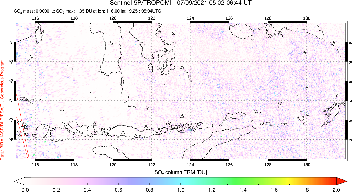 A sulfur dioxide image over Lesser Sunda Islands, Indonesia on Jul 09, 2021.