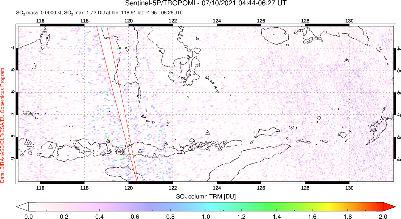 A sulfur dioxide image over Lesser Sunda Islands, Indonesia on Jul 10, 2021.