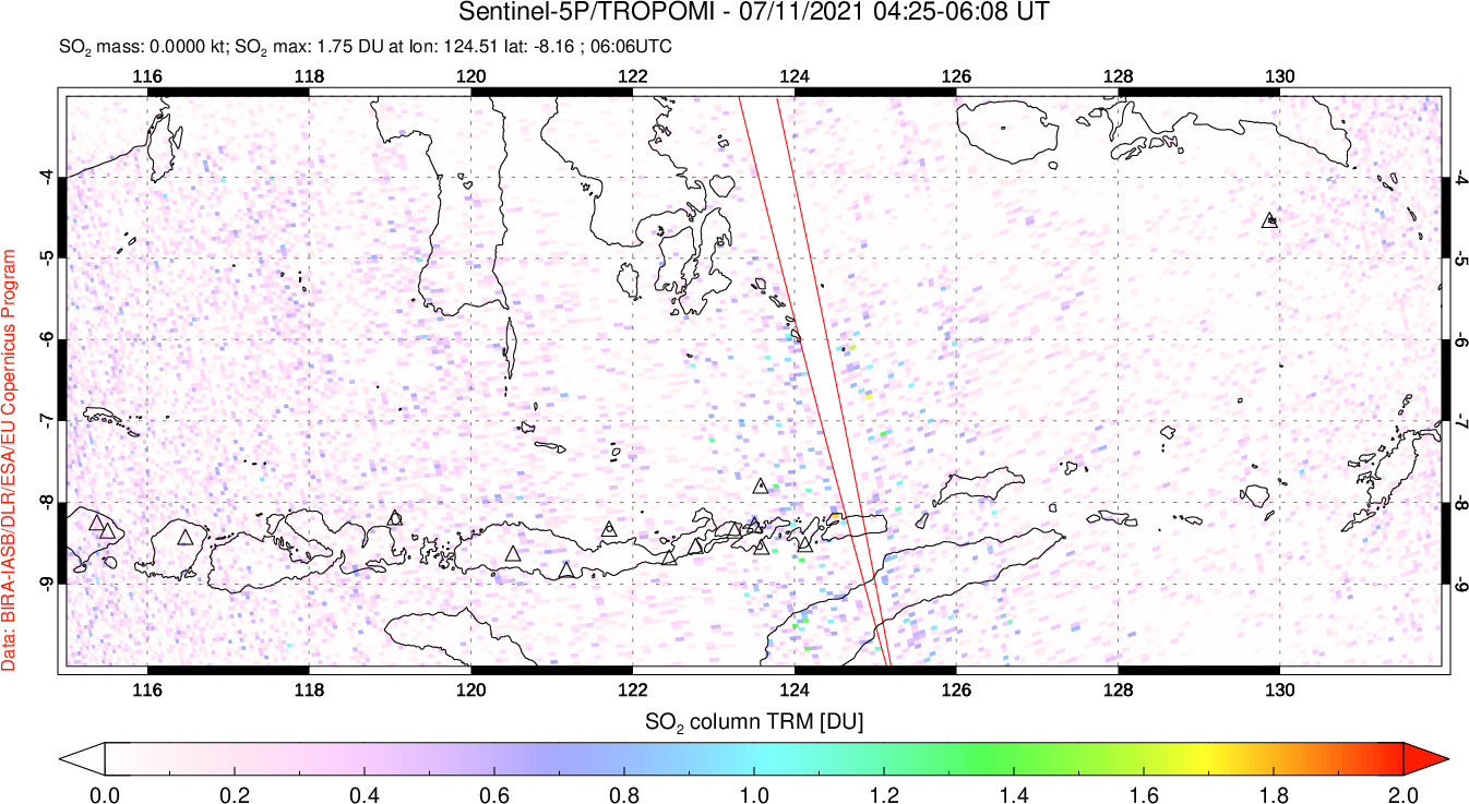 A sulfur dioxide image over Lesser Sunda Islands, Indonesia on Jul 11, 2021.