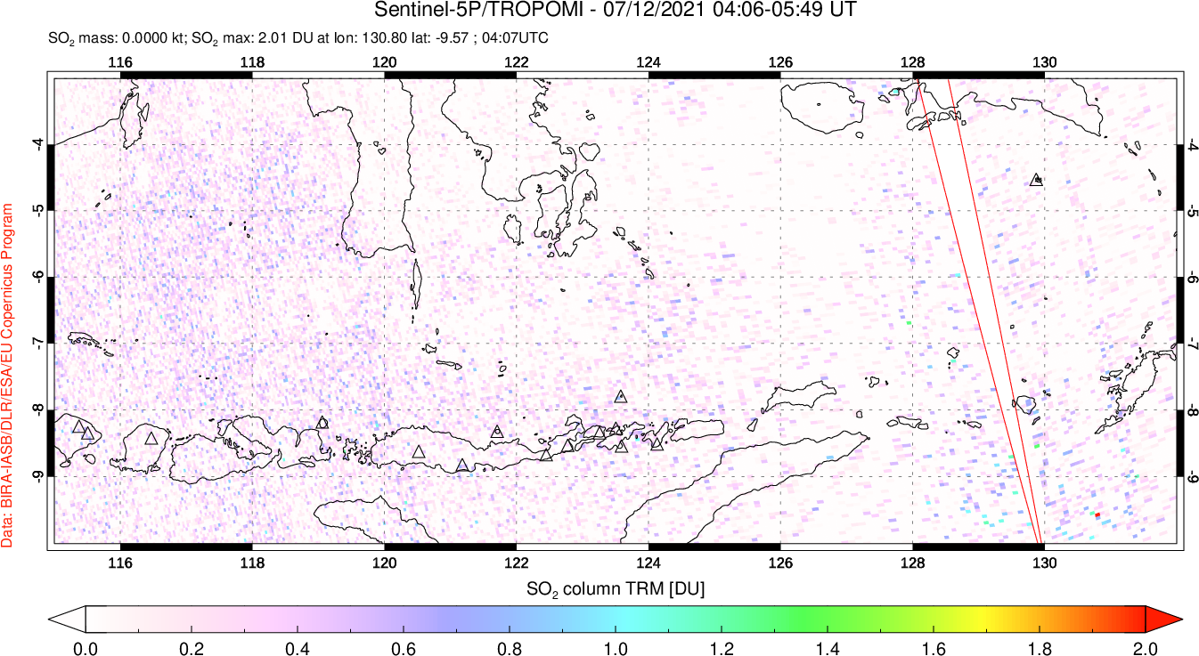 A sulfur dioxide image over Lesser Sunda Islands, Indonesia on Jul 12, 2021.