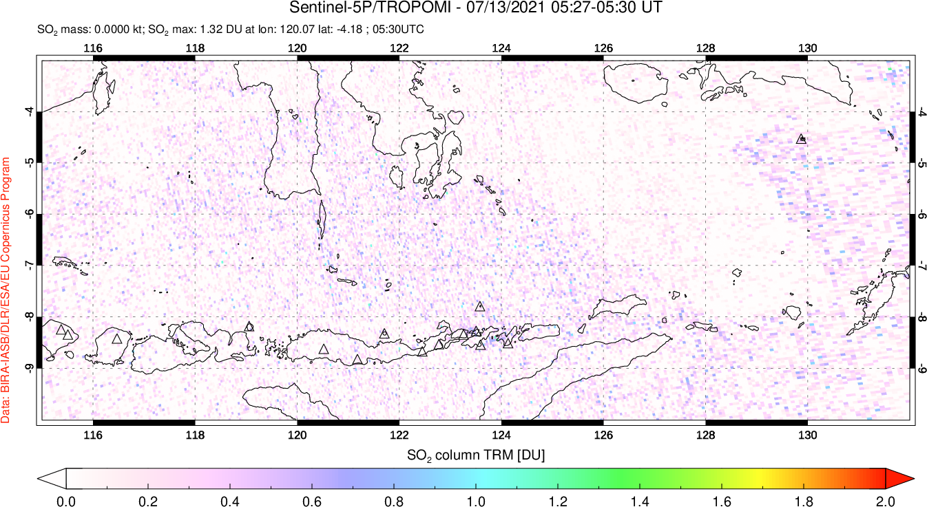 A sulfur dioxide image over Lesser Sunda Islands, Indonesia on Jul 13, 2021.