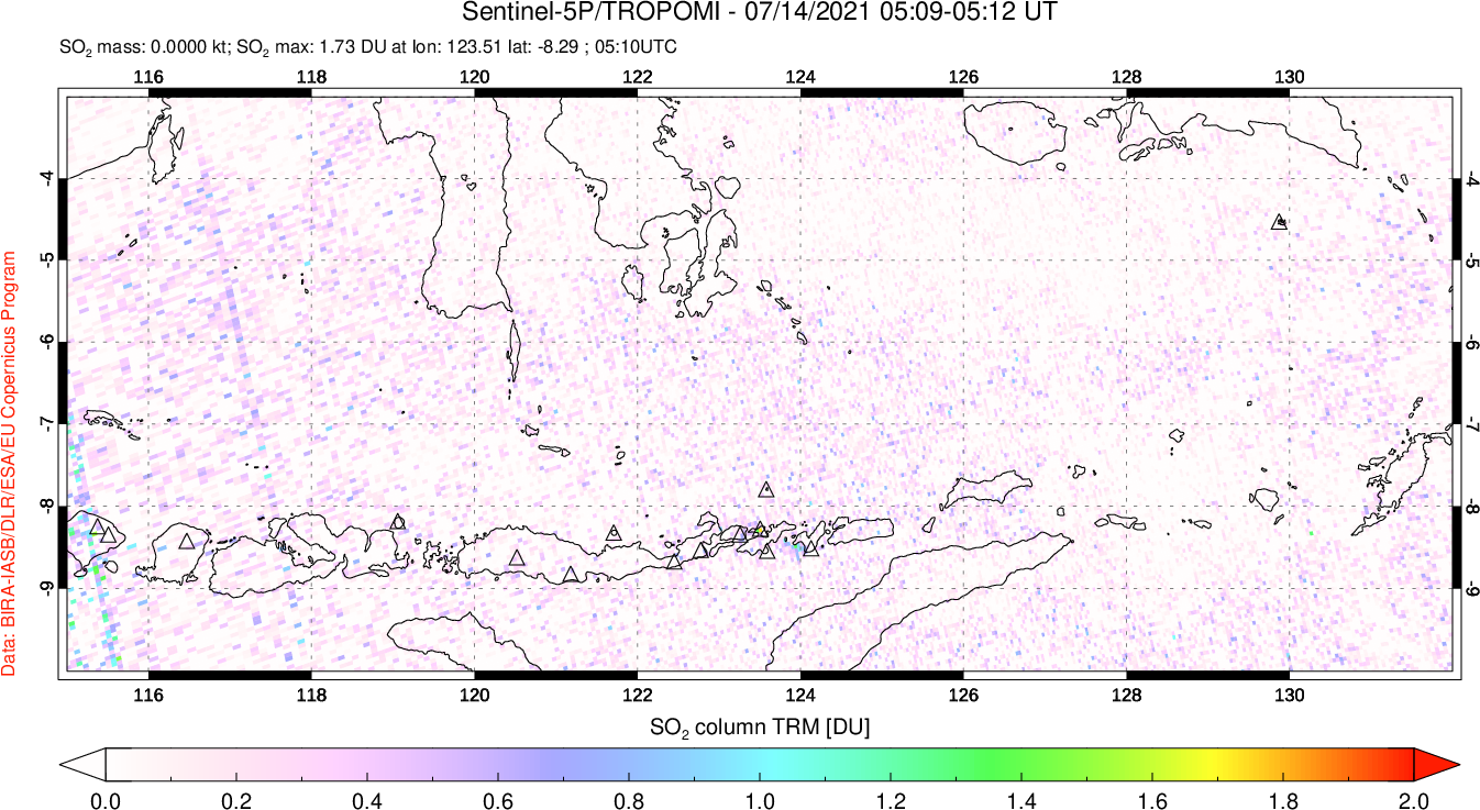 A sulfur dioxide image over Lesser Sunda Islands, Indonesia on Jul 14, 2021.