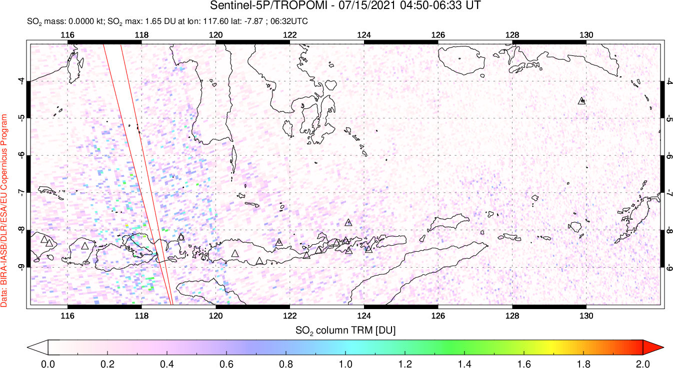 A sulfur dioxide image over Lesser Sunda Islands, Indonesia on Jul 15, 2021.