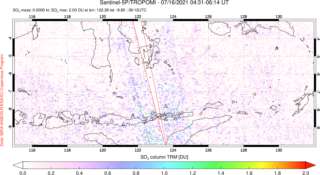 A sulfur dioxide image over Lesser Sunda Islands, Indonesia on Jul 16, 2021.