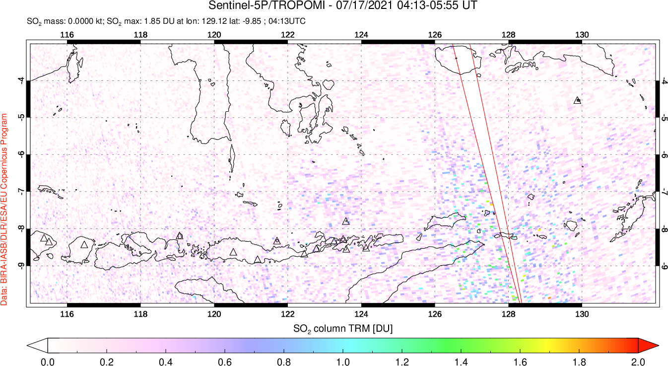 A sulfur dioxide image over Lesser Sunda Islands, Indonesia on Jul 17, 2021.