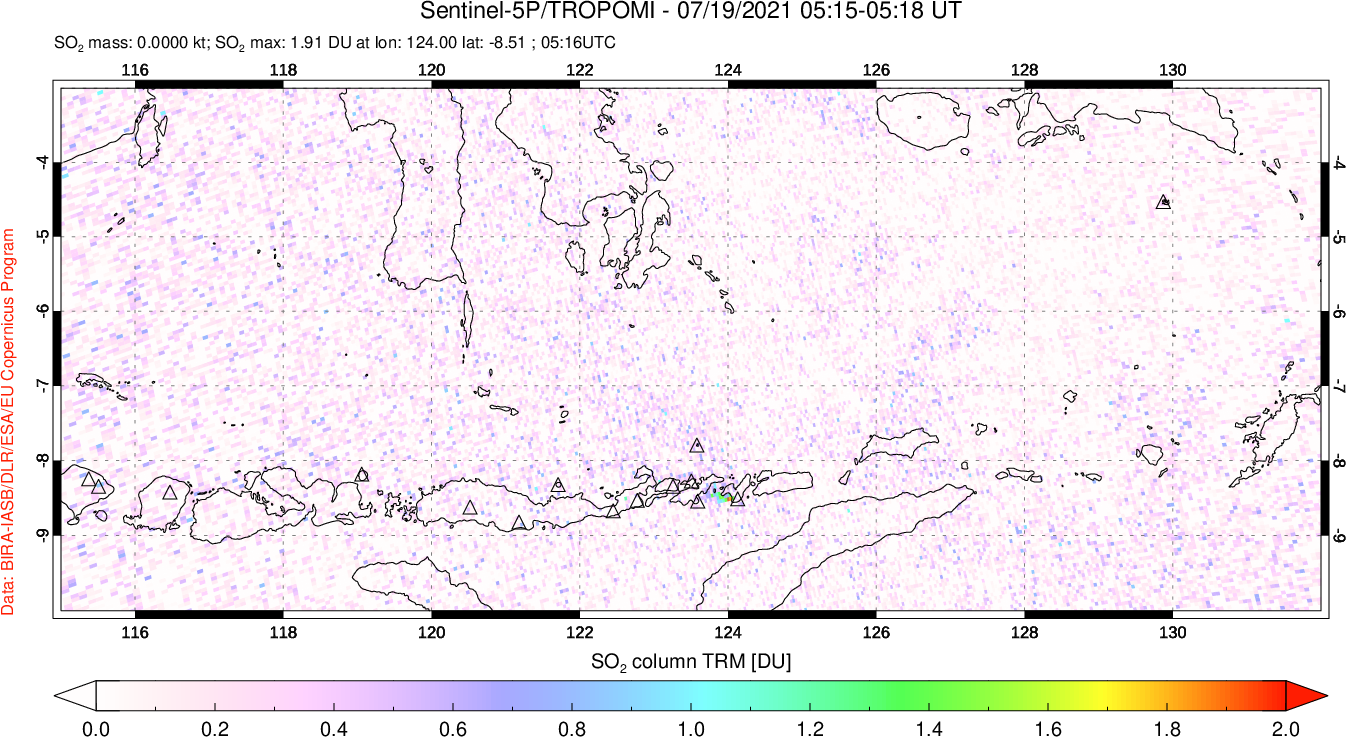 A sulfur dioxide image over Lesser Sunda Islands, Indonesia on Jul 19, 2021.