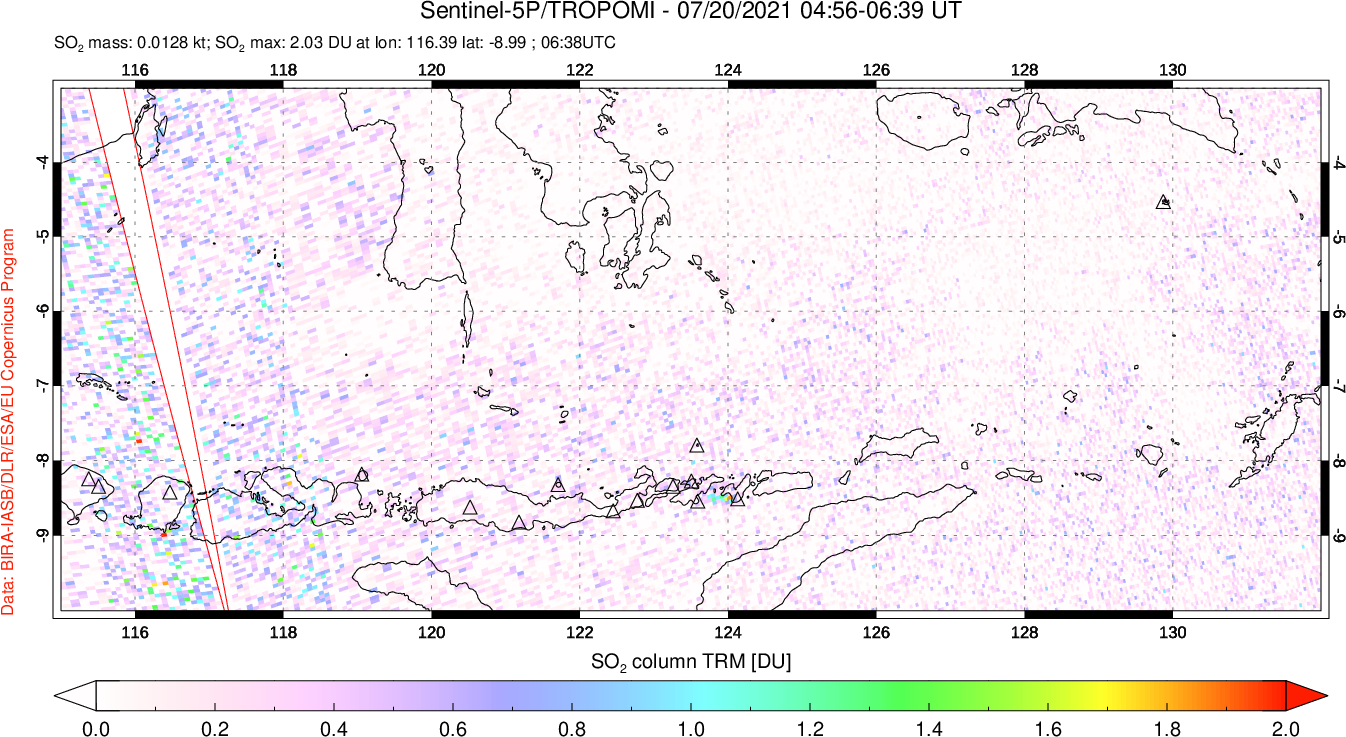 A sulfur dioxide image over Lesser Sunda Islands, Indonesia on Jul 20, 2021.