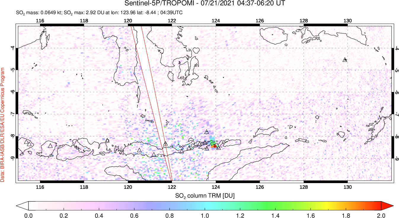 A sulfur dioxide image over Lesser Sunda Islands, Indonesia on Jul 21, 2021.