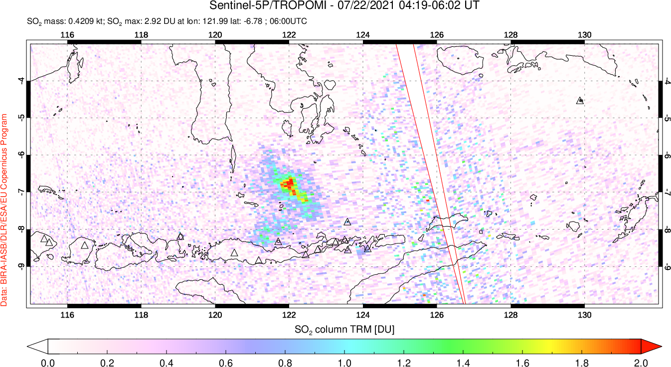 A sulfur dioxide image over Lesser Sunda Islands, Indonesia on Jul 22, 2021.