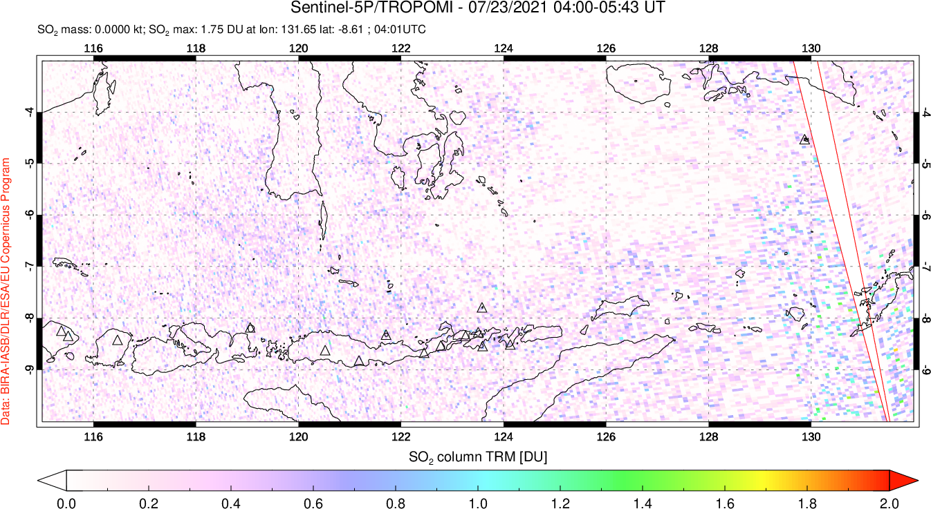 A sulfur dioxide image over Lesser Sunda Islands, Indonesia on Jul 23, 2021.