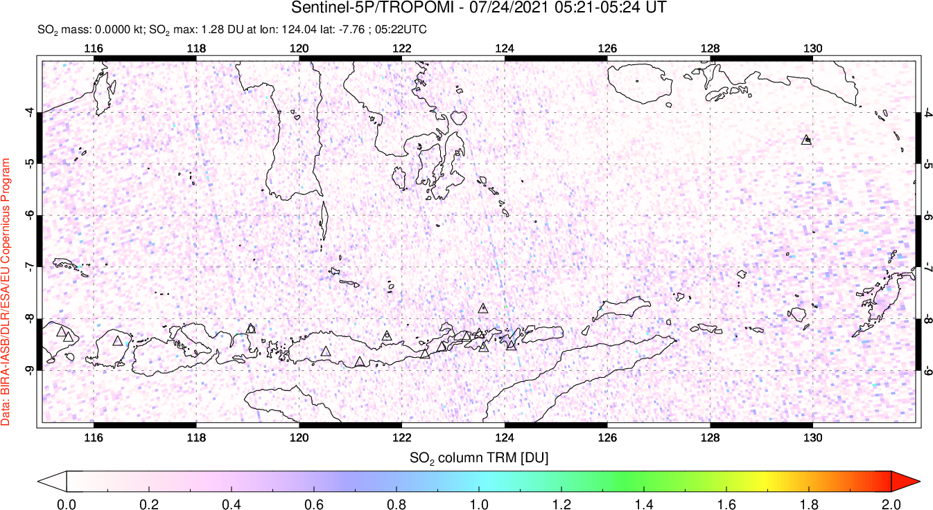 A sulfur dioxide image over Lesser Sunda Islands, Indonesia on Jul 24, 2021.