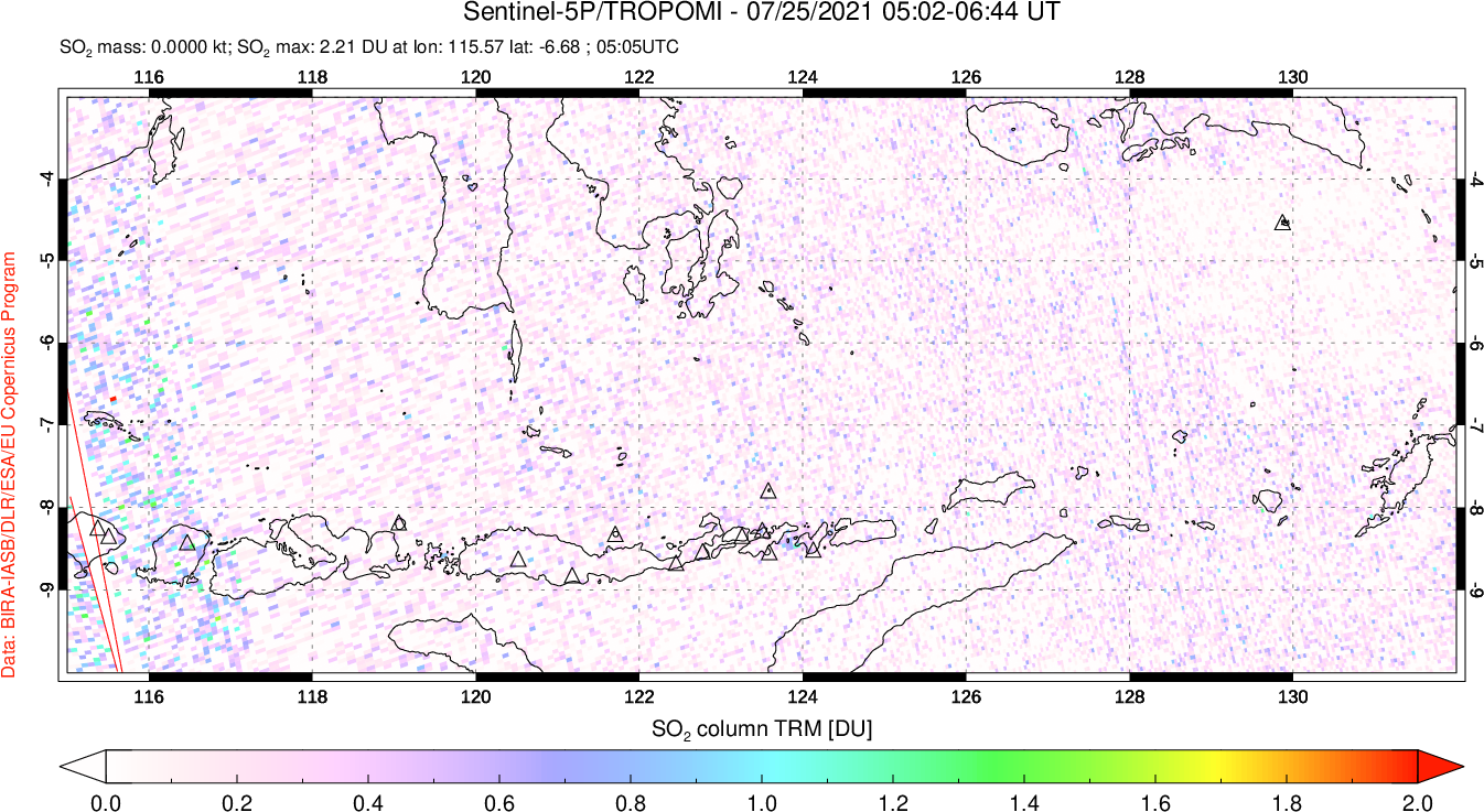 A sulfur dioxide image over Lesser Sunda Islands, Indonesia on Jul 25, 2021.