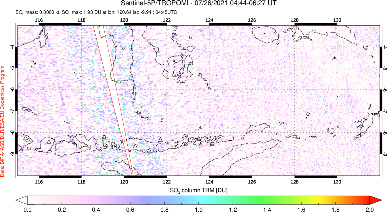 A sulfur dioxide image over Lesser Sunda Islands, Indonesia on Jul 26, 2021.