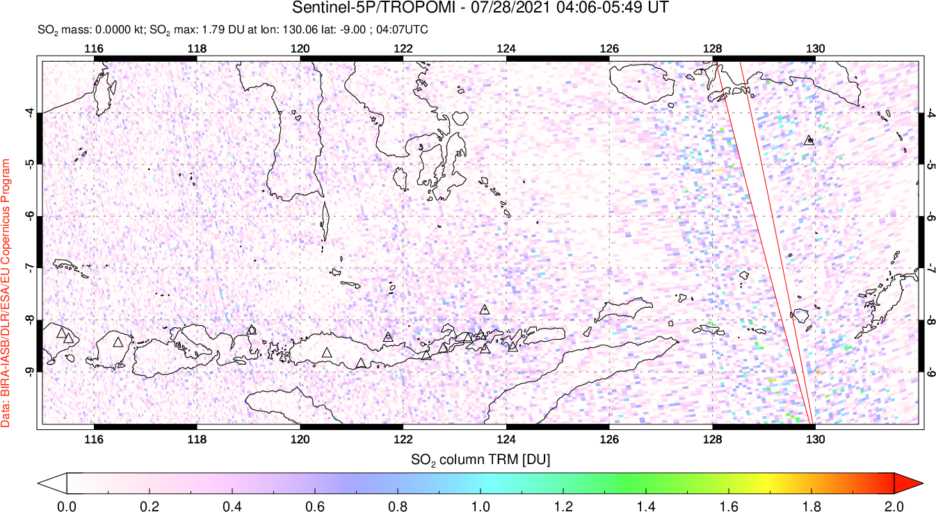 A sulfur dioxide image over Lesser Sunda Islands, Indonesia on Jul 28, 2021.