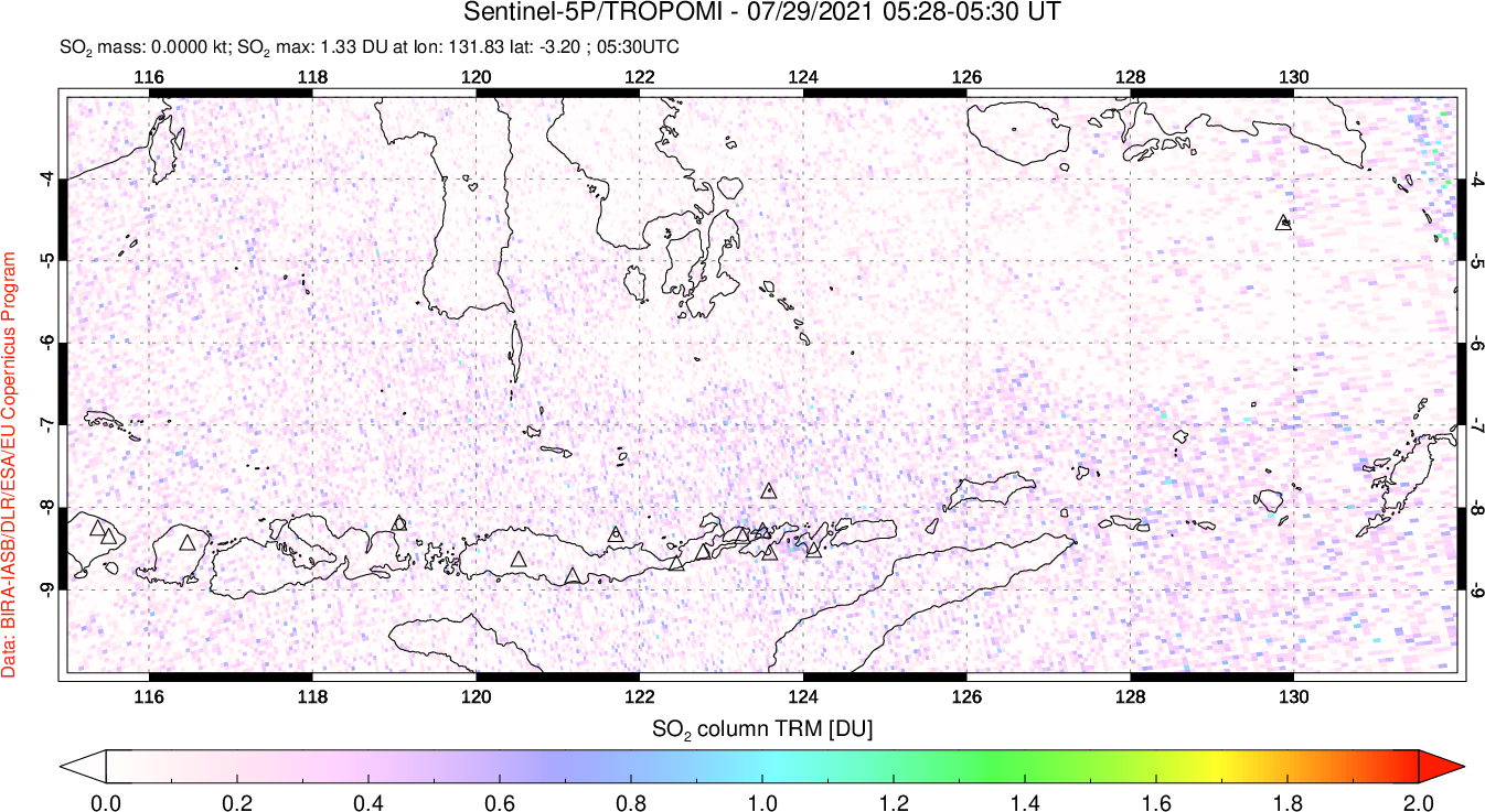 A sulfur dioxide image over Lesser Sunda Islands, Indonesia on Jul 29, 2021.