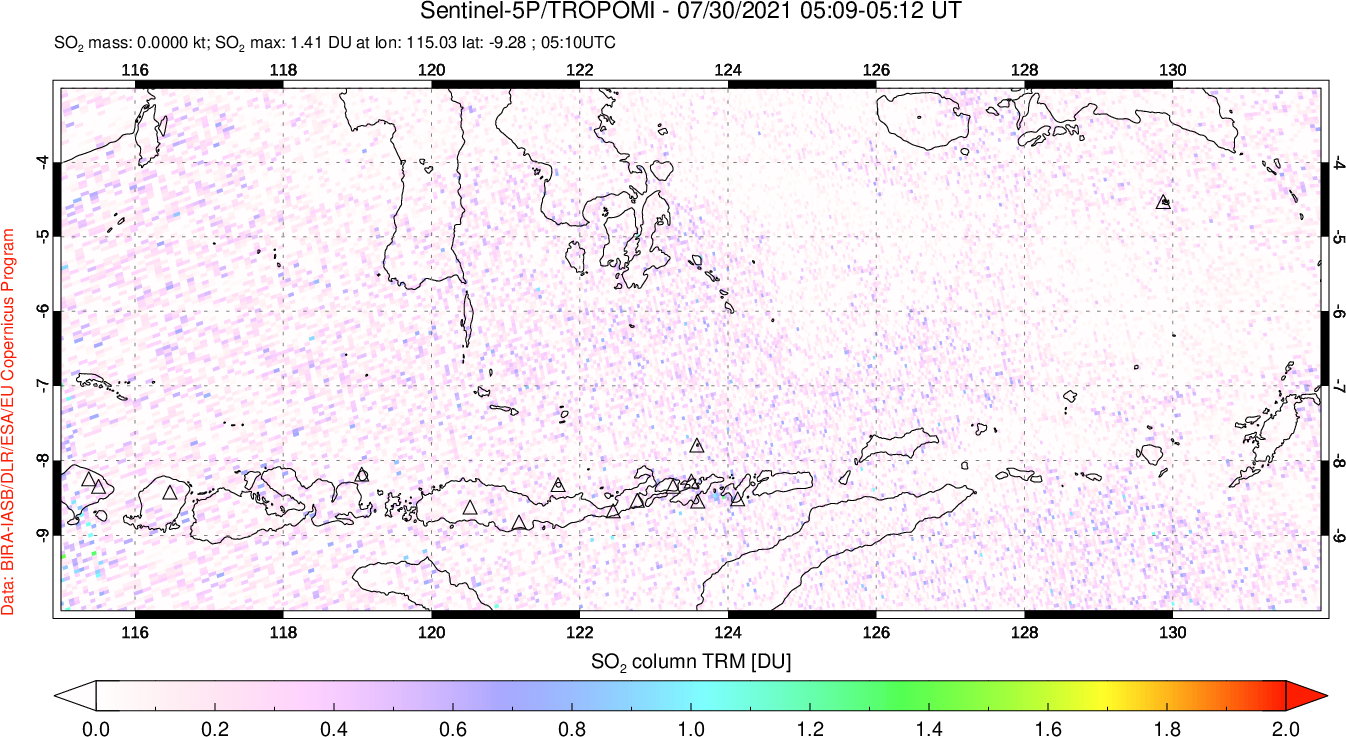 A sulfur dioxide image over Lesser Sunda Islands, Indonesia on Jul 30, 2021.