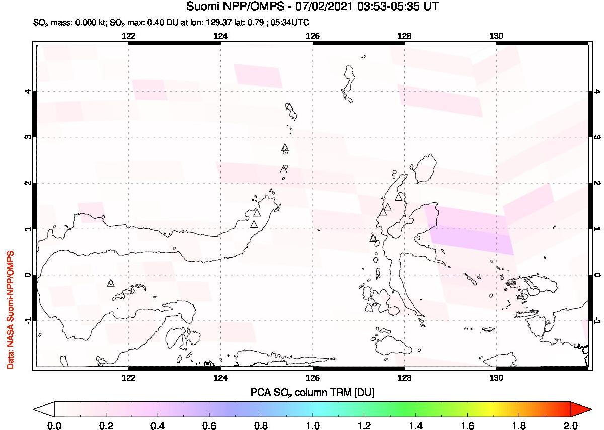 A sulfur dioxide image over Northern Sulawesi & Halmahera, Indonesia on Jul 02, 2021.