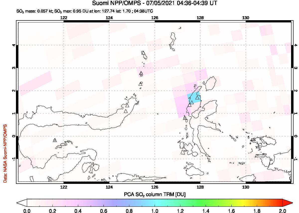 A sulfur dioxide image over Northern Sulawesi & Halmahera, Indonesia on Jul 05, 2021.