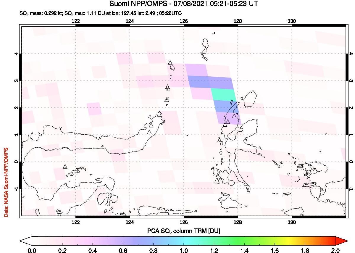 A sulfur dioxide image over Northern Sulawesi & Halmahera, Indonesia on Jul 08, 2021.