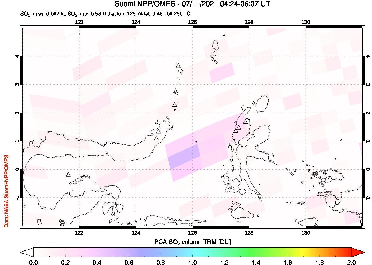 A sulfur dioxide image over Northern Sulawesi & Halmahera, Indonesia on Jul 11, 2021.