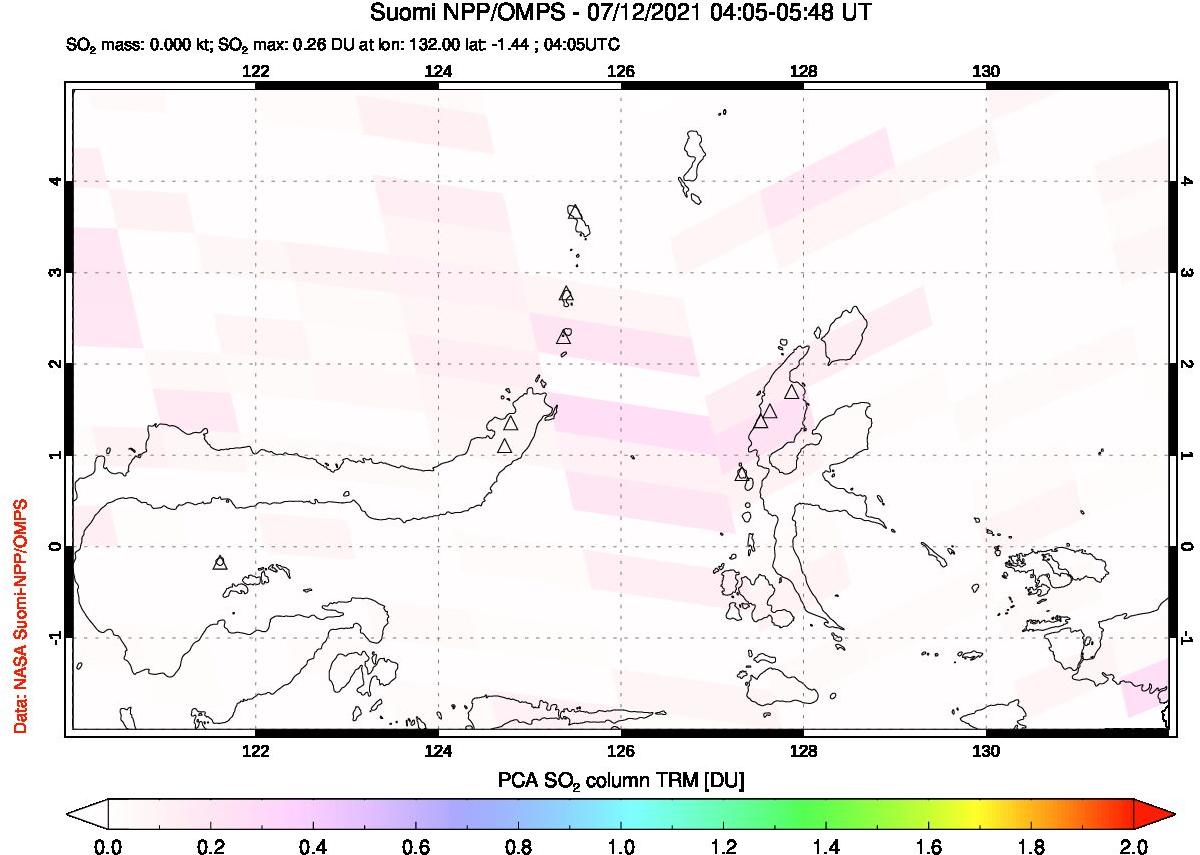 A sulfur dioxide image over Northern Sulawesi & Halmahera, Indonesia on Jul 12, 2021.