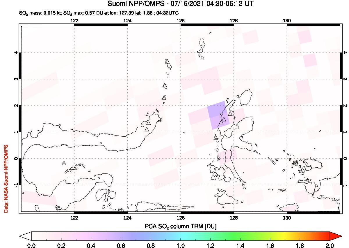 A sulfur dioxide image over Northern Sulawesi & Halmahera, Indonesia on Jul 16, 2021.