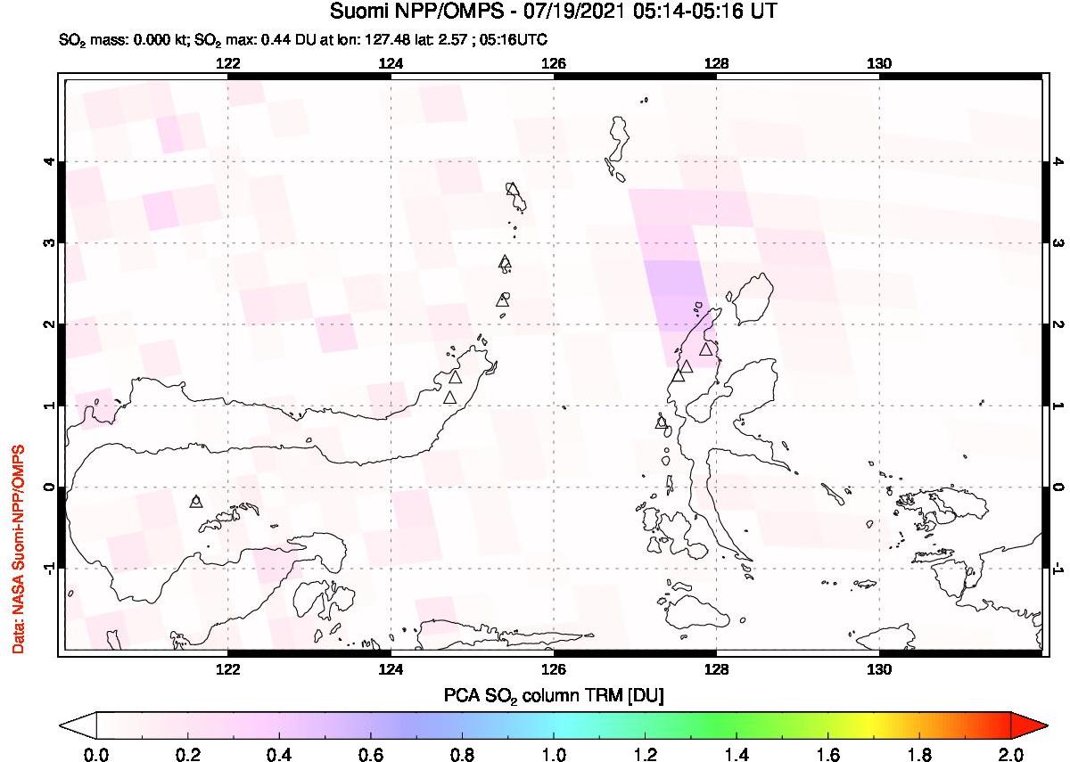 A sulfur dioxide image over Northern Sulawesi & Halmahera, Indonesia on Jul 19, 2021.