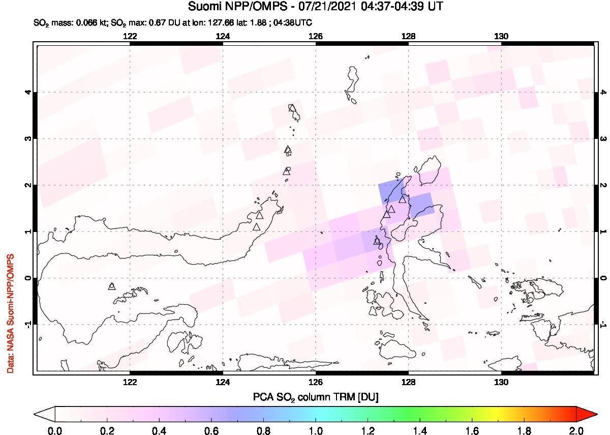 A sulfur dioxide image over Northern Sulawesi & Halmahera, Indonesia on Jul 21, 2021.