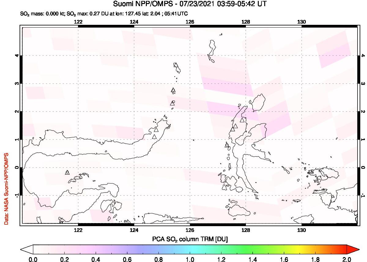 A sulfur dioxide image over Northern Sulawesi & Halmahera, Indonesia on Jul 23, 2021.