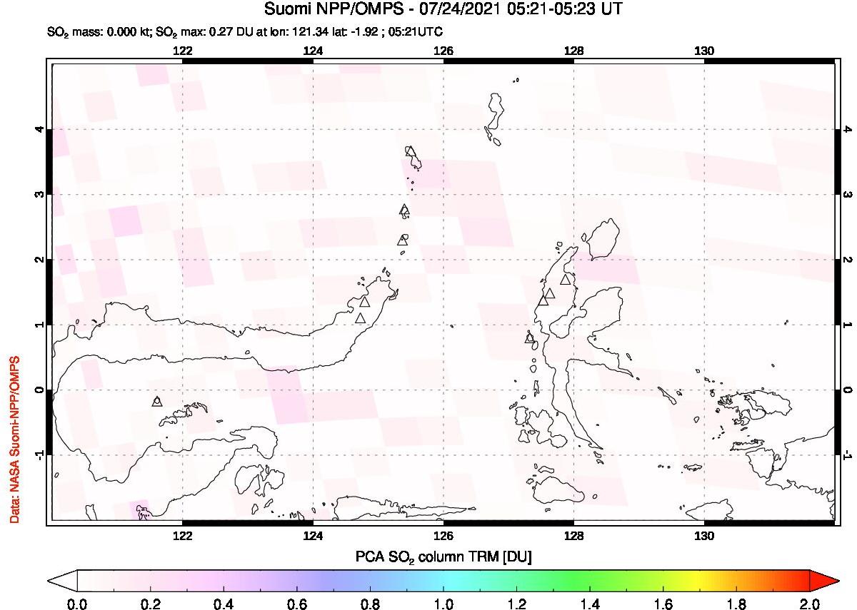 A sulfur dioxide image over Northern Sulawesi & Halmahera, Indonesia on Jul 24, 2021.
