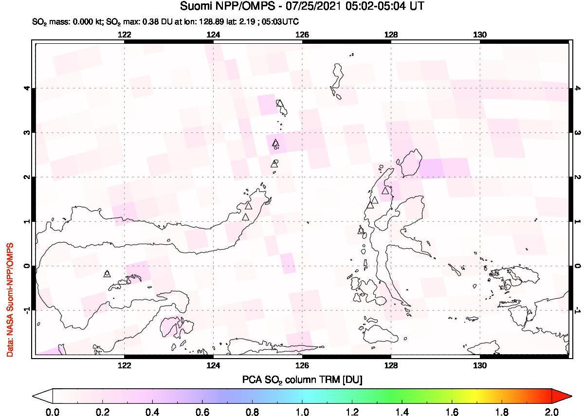 A sulfur dioxide image over Northern Sulawesi & Halmahera, Indonesia on Jul 25, 2021.
