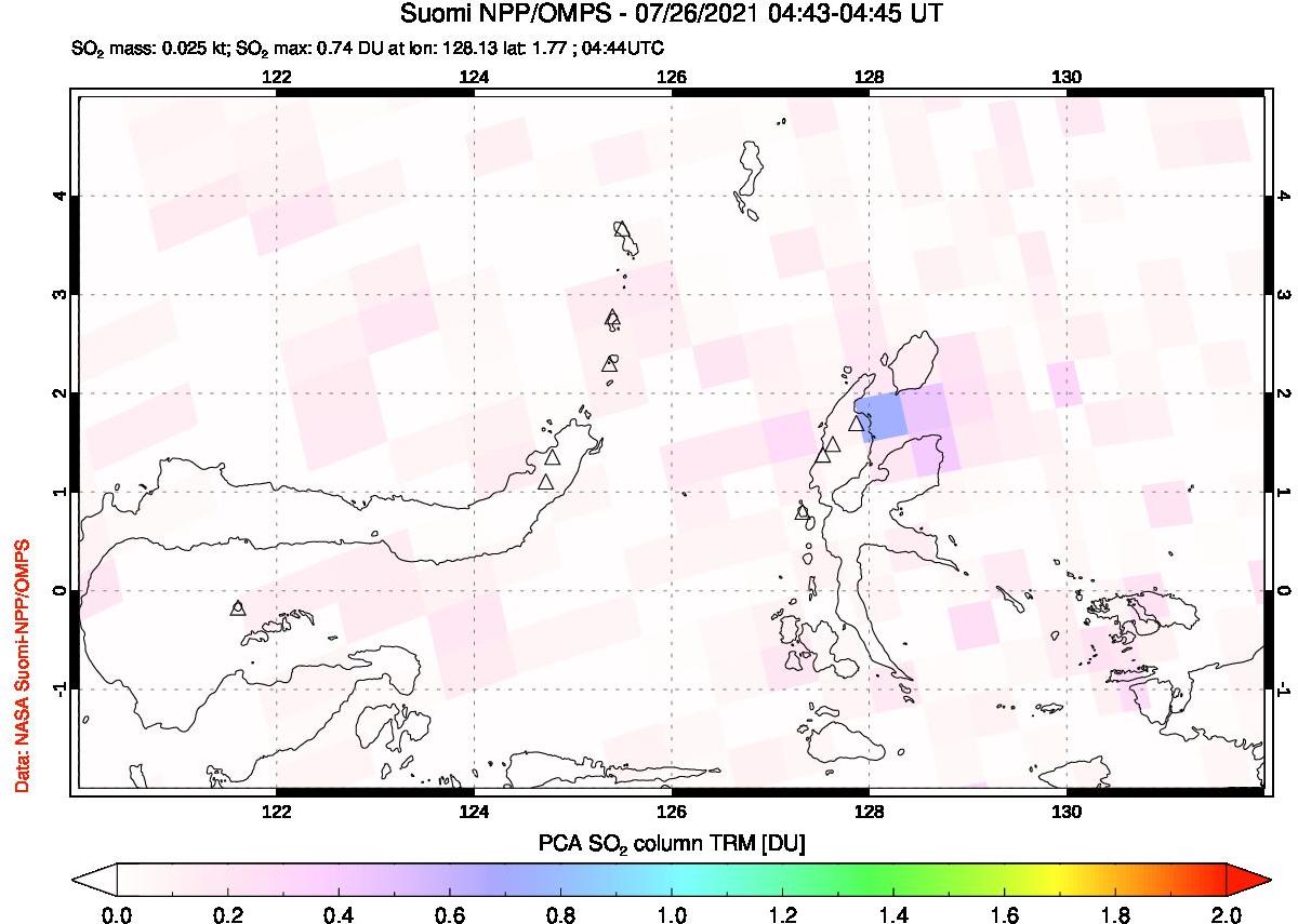 A sulfur dioxide image over Northern Sulawesi & Halmahera, Indonesia on Jul 26, 2021.