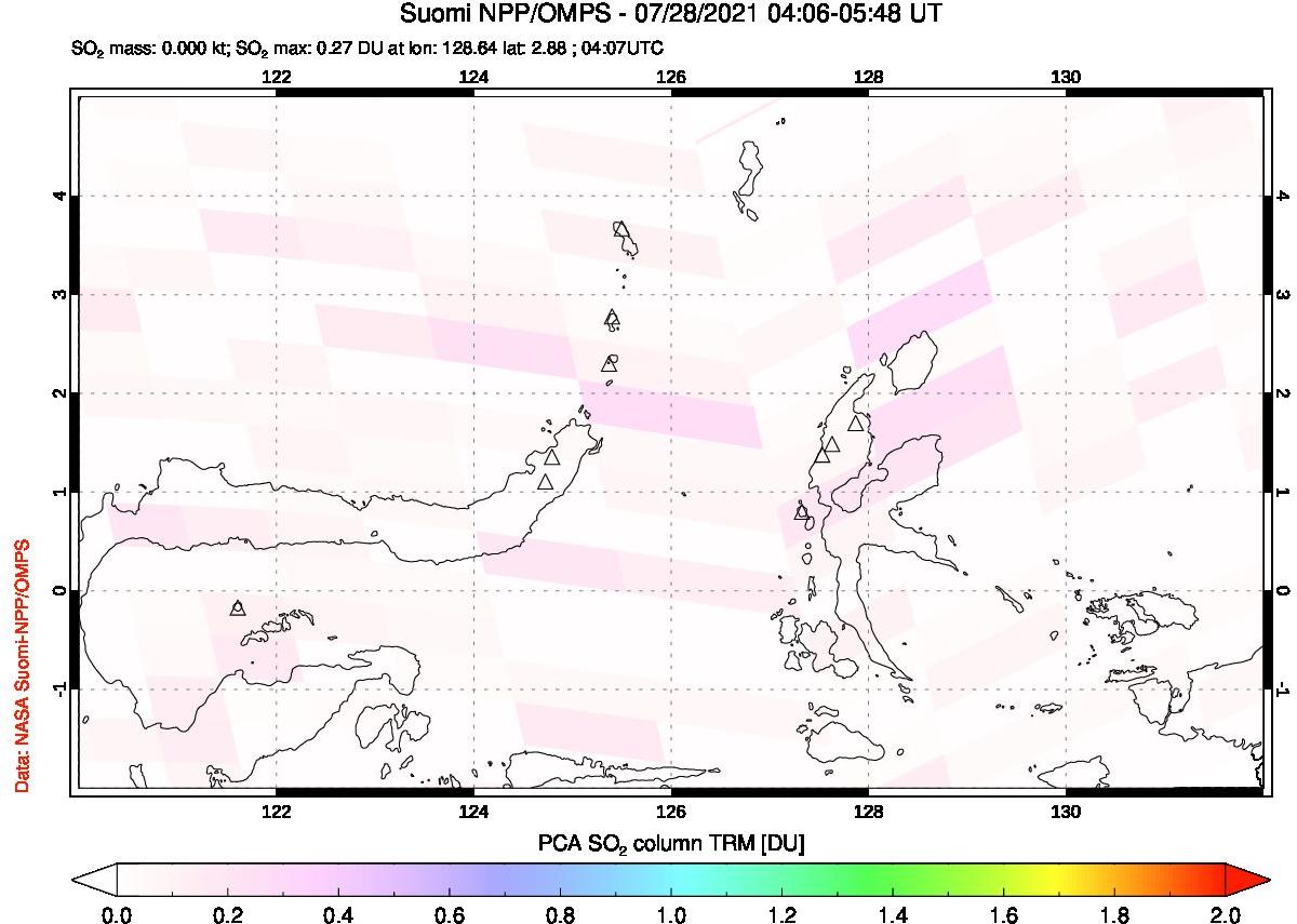 A sulfur dioxide image over Northern Sulawesi & Halmahera, Indonesia on Jul 28, 2021.