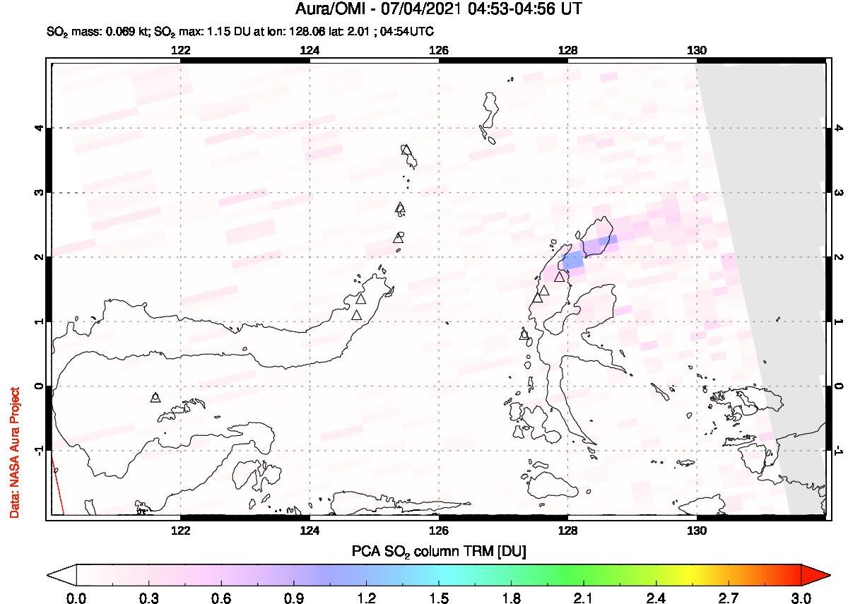 A sulfur dioxide image over Northern Sulawesi & Halmahera, Indonesia on Jul 04, 2021.