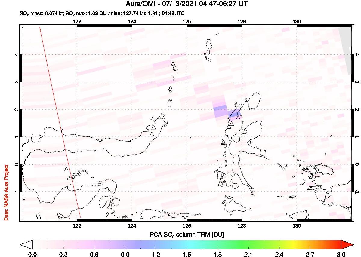 A sulfur dioxide image over Northern Sulawesi & Halmahera, Indonesia on Jul 13, 2021.