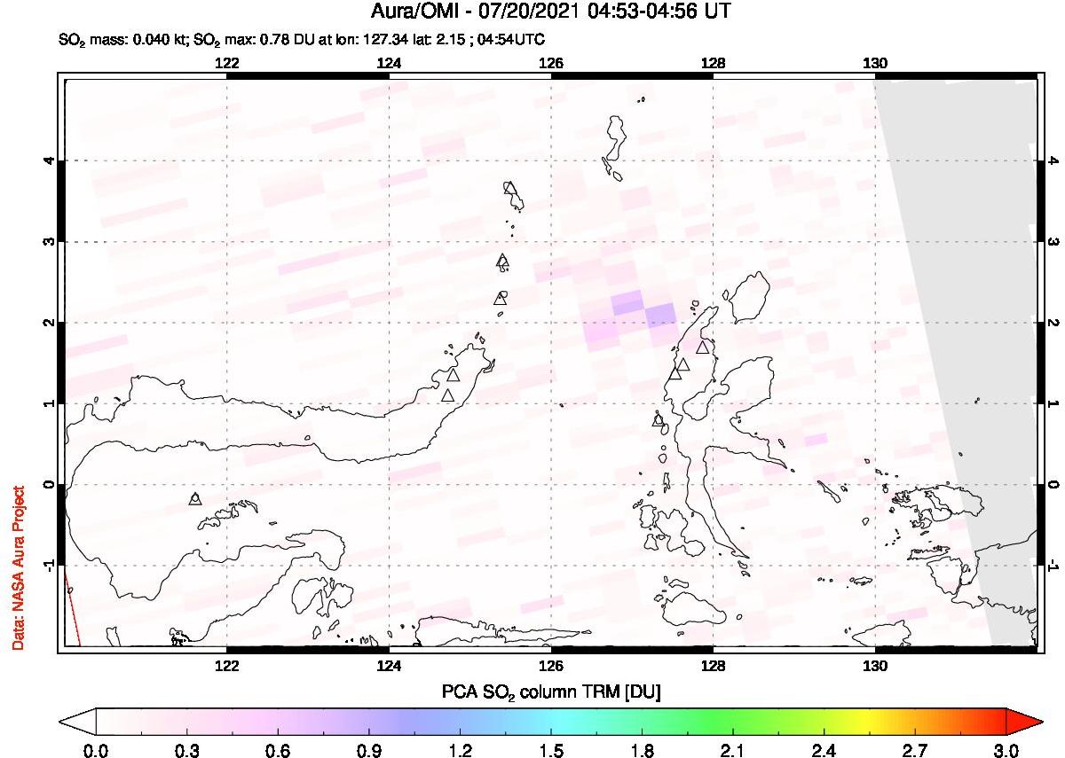 A sulfur dioxide image over Northern Sulawesi & Halmahera, Indonesia on Jul 20, 2021.